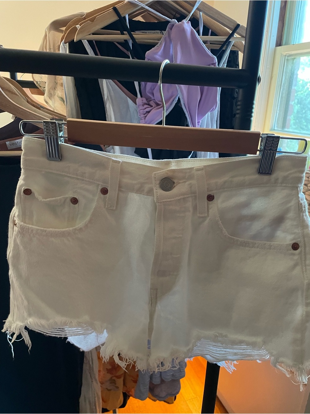 Levi's White Frayed Hem Denim Cutoff Shorts